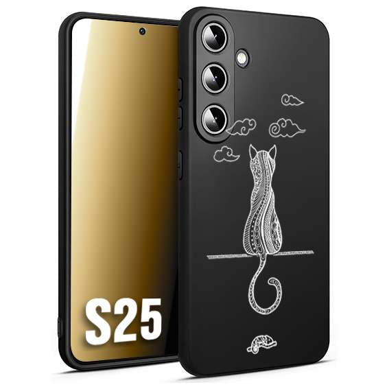 CUSTOMIZZA - Custodia cover nera morbida in tpu compatibile per Samsung S25 gatto mandala stilizzato gattino a rilievo soft touch donna bianca