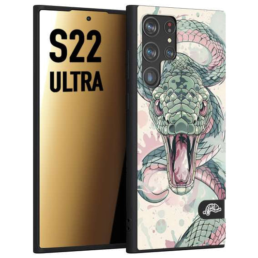 CUSTOMIZZA - Custodia cover nera morbida in tpu compatibile per Samsung S22 ULTRA snake pink green serpente tatuaggio tattoo disegnato a mano