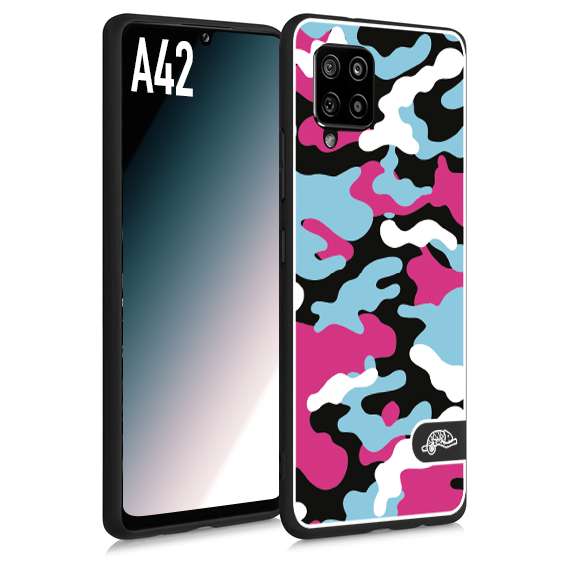 CUSTOMIZZA - Custodia cover nera morbida in tpu compatibile per Samsung A42 camouflage mimetico militare fucsia celeste