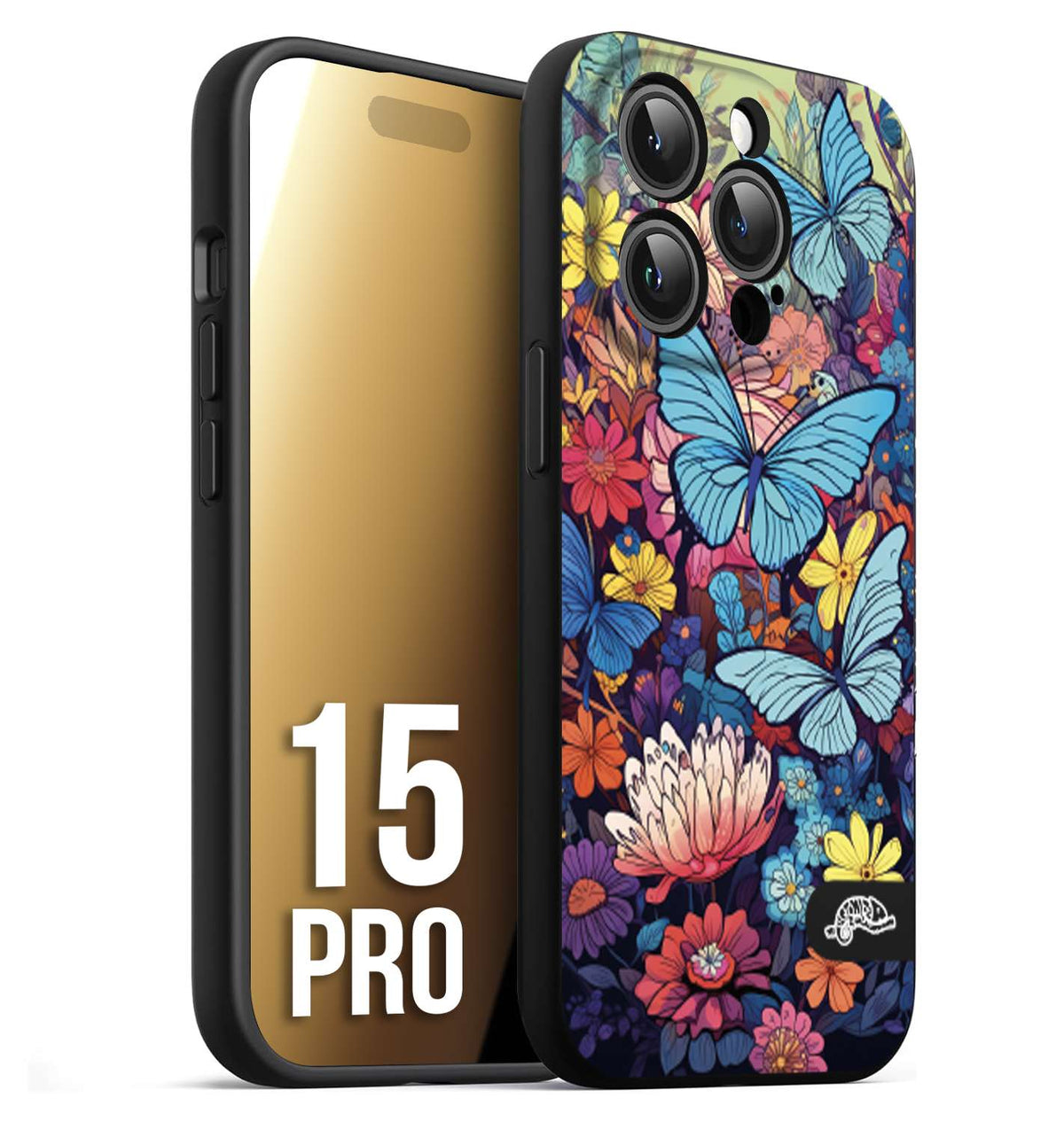 CUSTOMIZZA - Custodia cover nera morbida in tpu compatibile per iPhone 15 PRO farfalle butterfly moderno donna disegnate gialla blu rosa