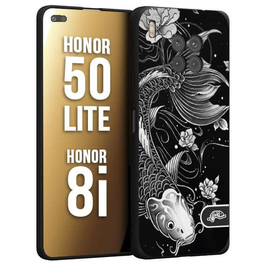 CUSTOMIZZA - Custodia cover nera morbida in tpu compatibile per Honor 8i - Honor 50 LITE carpa koi black and white bianco a rilievo disegnato tattoo