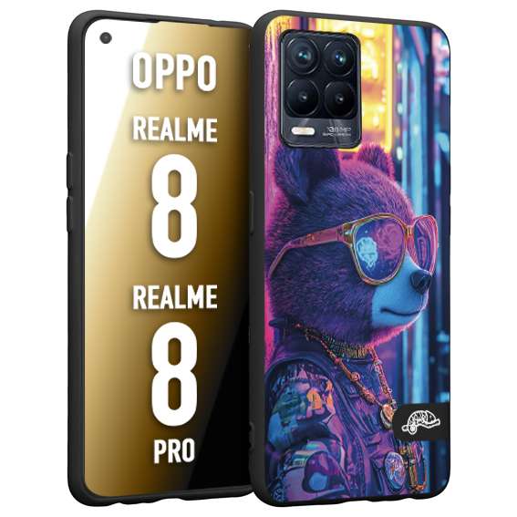 CUSTOMIZZA - Custodia cover nera morbida in tpu compatibile per Realme 8 - 8 PRO animali cyberpunk orsetto orso street bear fucsia blu night