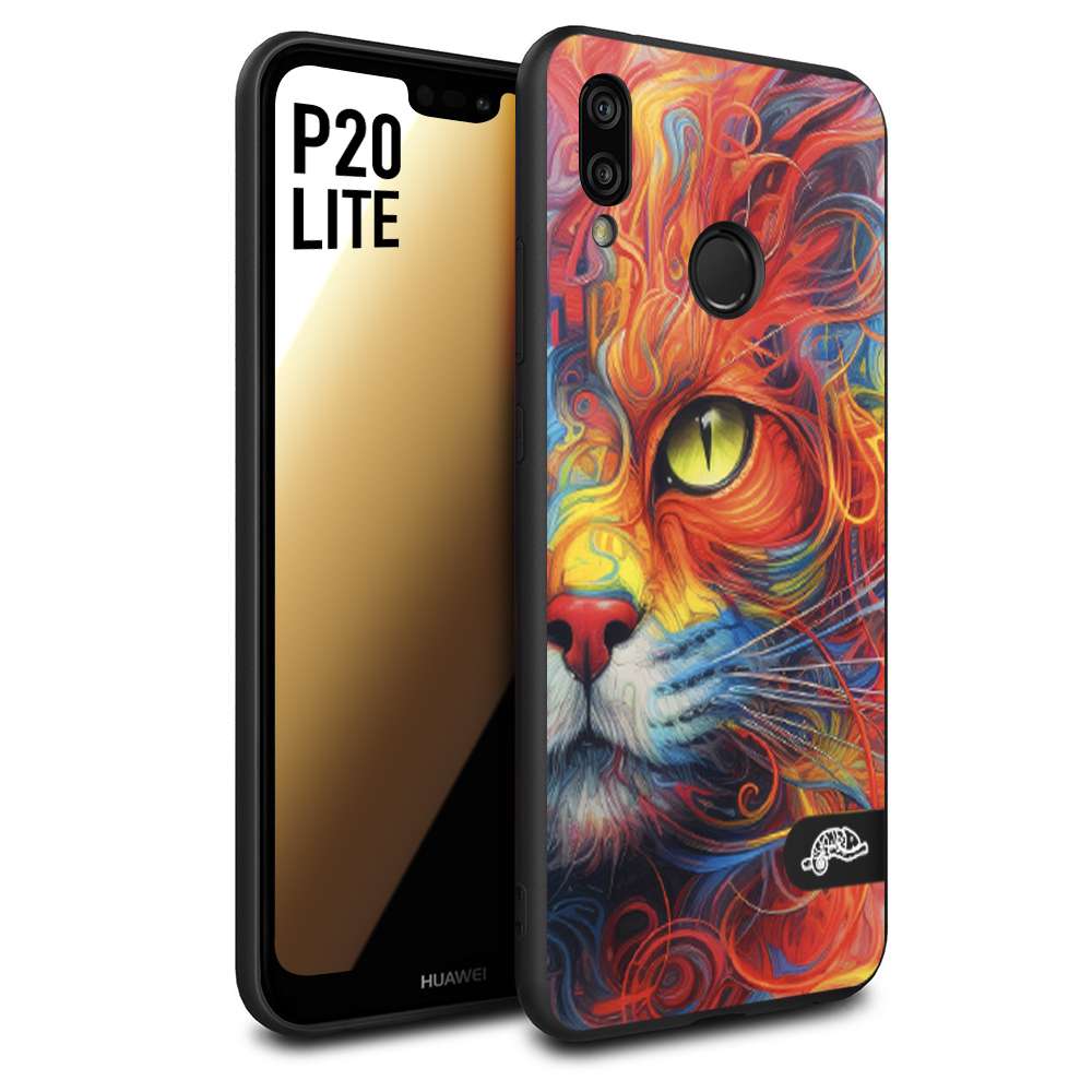 CUSTOMIZZA - Custodia cover nera morbida in tpu compatibile per Huawei P20 LITE animali color cat gatto viso colori vibranti disegnato schizzo