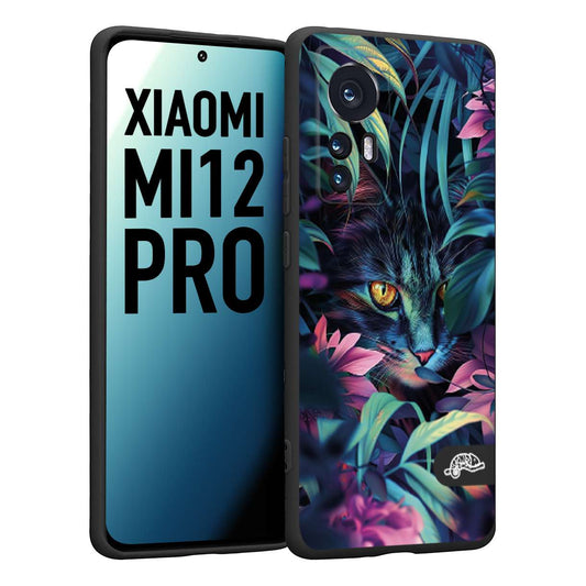 CUSTOMIZZA - Custodia cover nera morbida in tpu compatibile per Xiaomi 12 PRO animali color giungla tropicale occhio di gatto colori vibranti disegnato