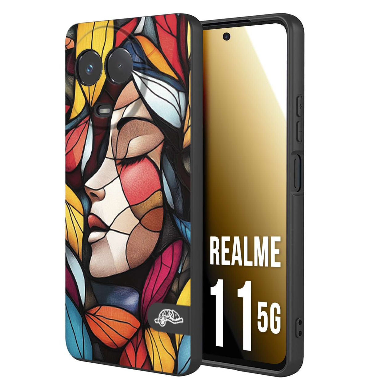 CUSTOMIZZA - Custodia cover nera morbida in tpu compatibile per Realme 11 5G Vetrata artistica volto di donna profilo fogliare mosaico di vetro colorato