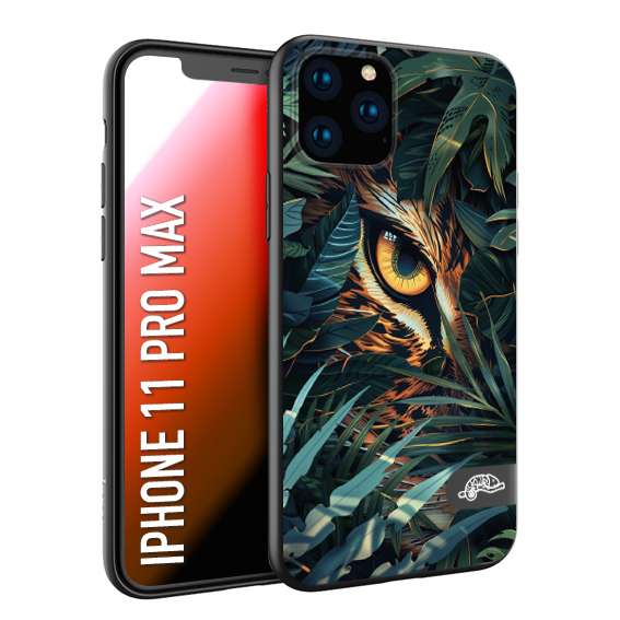 CUSTOMIZZA - Custodia cover nera morbida in tpu compatibile per iPhone 11 PRO MAX animali color giungla tropicale occhio di giaguaro felino disegnato