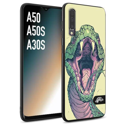 CUSTOMIZZA - Custodia cover nera morbida in tpu compatibile per Samsung A50 - A50S - A30S snake yellow green serpente tatuaggio tattoo disegnato a mano