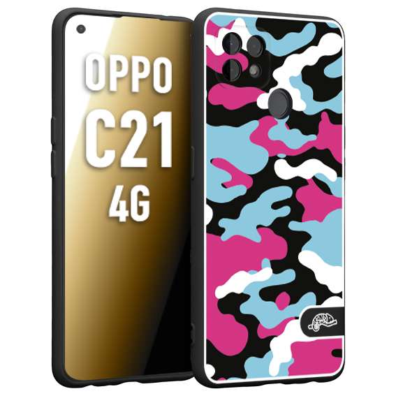 CUSTOMIZZA - Custodia cover nera morbida in tpu compatibile per Realme C21 4G camouflage mimetico militare fucsia celeste