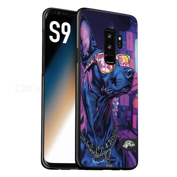 CUSTOMIZZA - Custodia cover nera morbida in tpu compatibile per Samsung S9 animali cyberpunk dobermann cane street dog fucsia blu night
