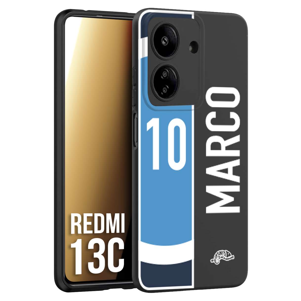 CUSTOMIZZA - Custodia cover nera morbida in tpu compatibile per Xiaomi Redmi 13C personalizzata calcio football nome e numero calciatori biancoazzurri bianco celesti