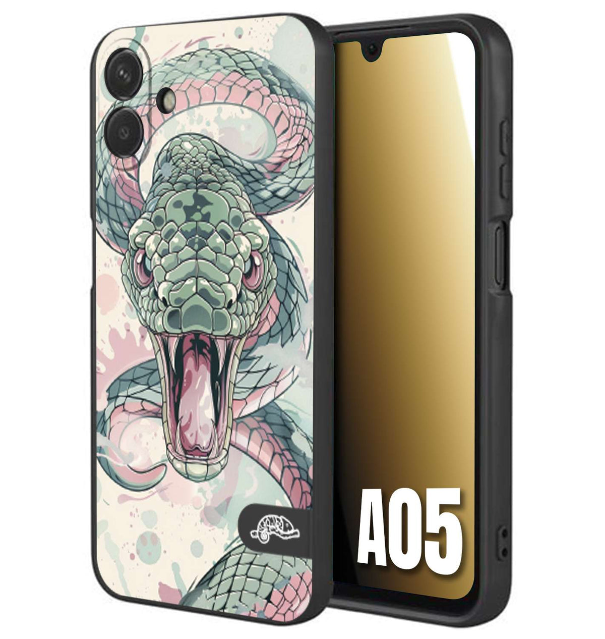 CUSTOMIZZA - Custodia cover nera morbida in tpu compatibile per Samsung A05 snake pink green serpente tatuaggio tattoo disegnato a mano
