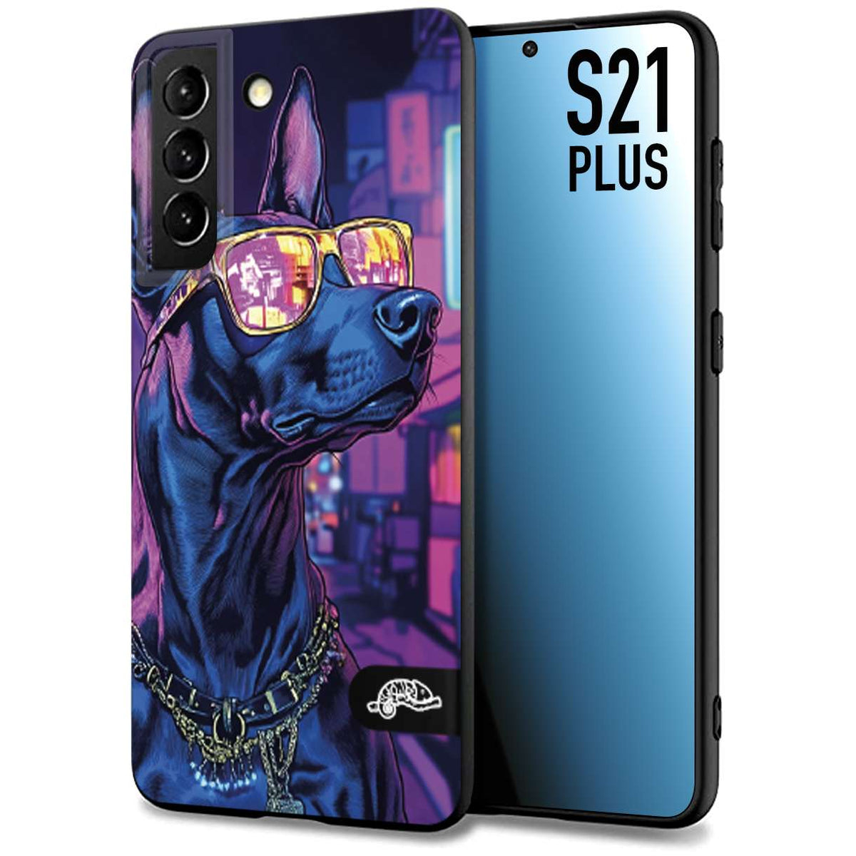 CUSTOMIZZA - Custodia cover nera morbida in tpu compatibile per Samsung S21 PLUS animali cyberpunk dobermann cane street dog fucsia blu night