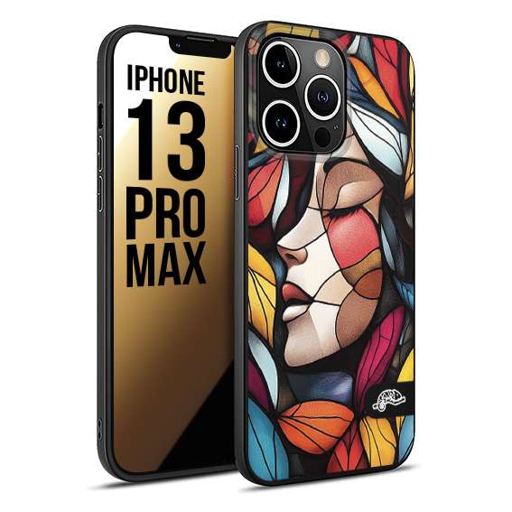 CUSTOMIZZA - Custodia cover nera morbida in tpu compatibile per iPhone 13 PRO MAX Vetrata artistica volto di donna profilo fogliare mosaico di vetro colorato