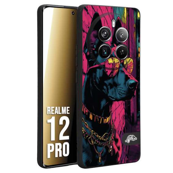 CUSTOMIZZA - Custodia cover nera morbida in tpu compatibile per Realme 12 PRO animali cyberpunk dobermann cane street dog fucsia blu