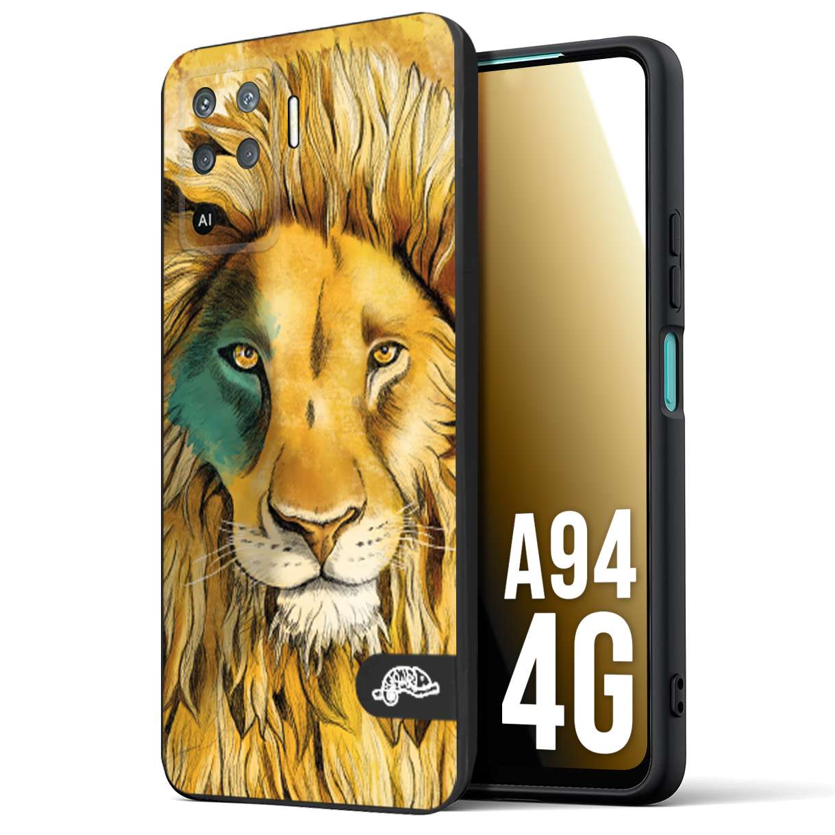 CUSTOMIZZA - Custodia cover nera morbida in tpu compatibile per Oppo A94 4G leone lion disegnato a mano giallo blu a rilievo artistico brown