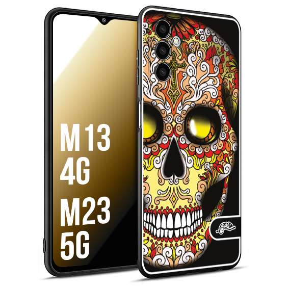 CUSTOMIZZA - Custodia cover nera morbida in tpu compatibile per Samsung M13 4G - M23 5G teschio messicano Mexican skull giallo rosso arancio