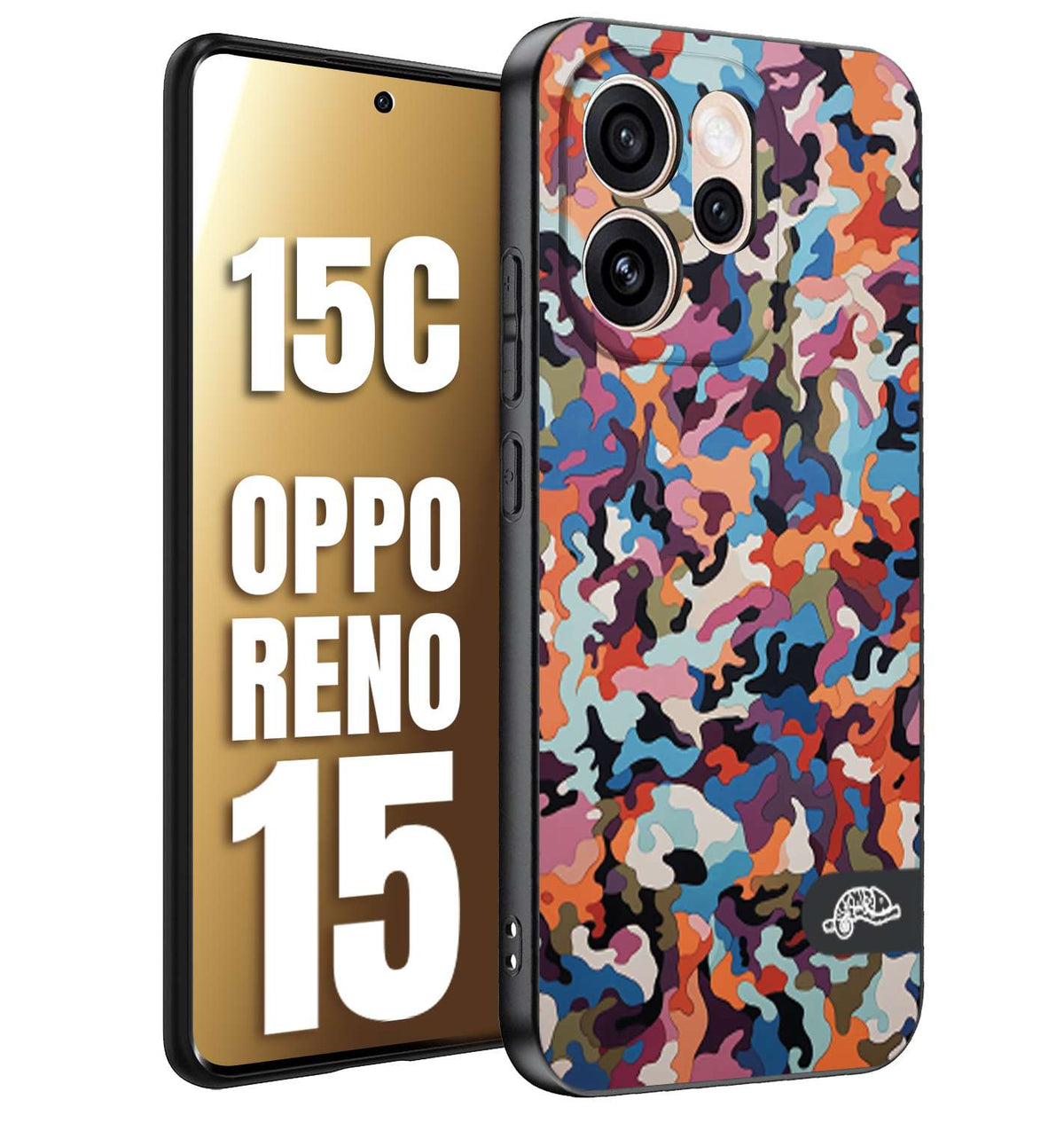 CUSTOMIZZA - Custodia cover nera morbida in tpu compatibile per Oppo Reno 15 - Reno 15Ccamouflage mimetico militare moderno blu arancio rosa