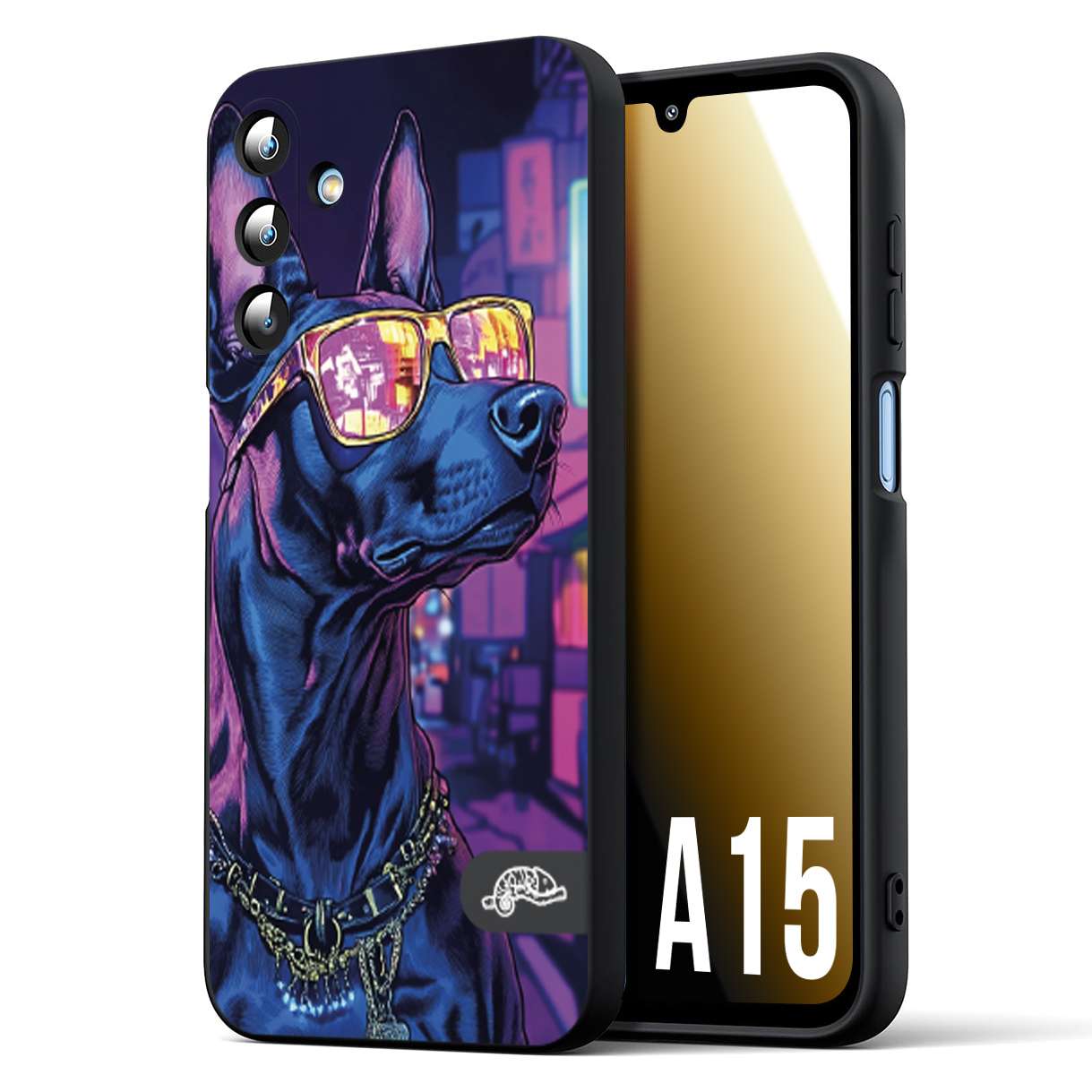 CUSTOMIZZA - Custodia cover nera morbida in tpu compatibile per Samsung A15 5G animali cyberpunk dobermann cane street dog fucsia blu night