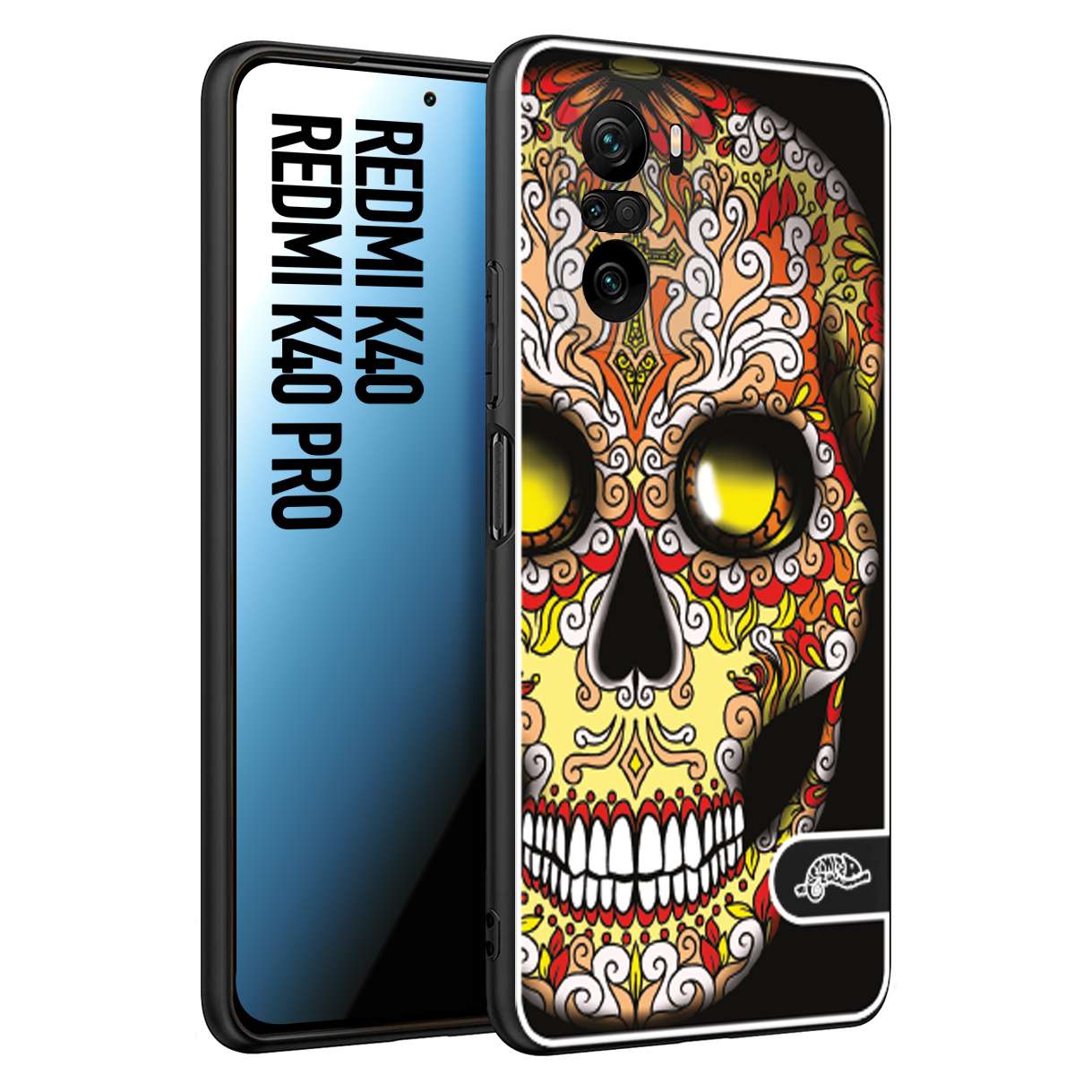 CUSTOMIZZA - Custodia cover nera morbida in tpu compatibile per Xiaomi Redmi K40 - K40 Pro teschio messicano Mexican skull giallo rosso arancio