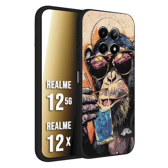 CUSTOMIZZA - Custodia cover nera morbida in tpu compatibile per Realme 12 5G - 12X estate disegnata cocktails animali simpatici scimmia monkey negroni