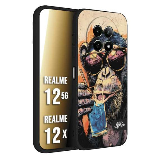 CUSTOMIZZA - Custodia cover nera morbida in tpu compatibile per Realme 12 5G - 12X estate disegnata cocktails animali simpatici scimmia monkey negroni