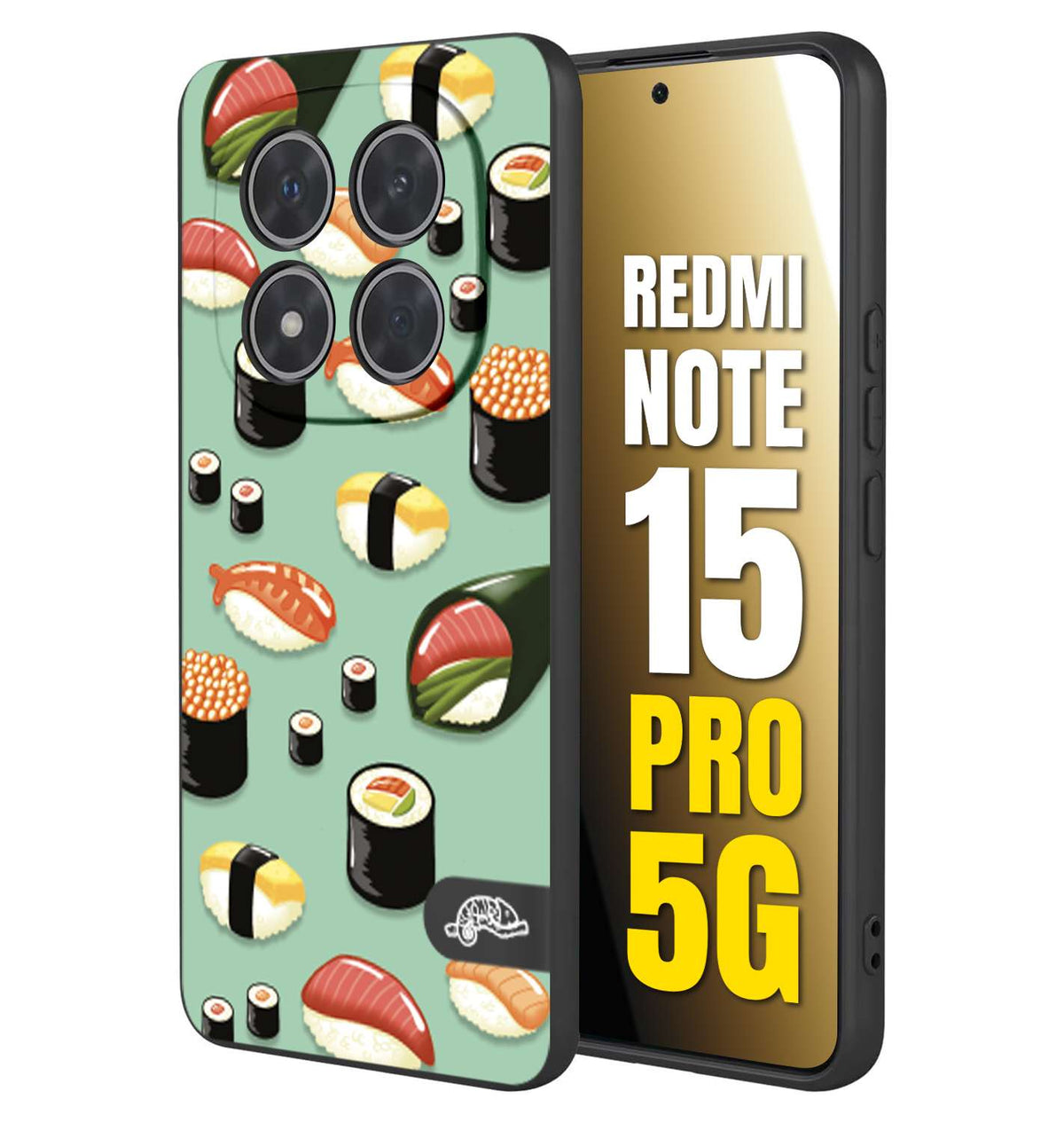 CUSTOMIZZA - Custodia cover nera morbida in tpu compatibile per Xiaomi Redmi Note 15 PRO 5G sushi disegni giapponese nighiri acquamarina verde