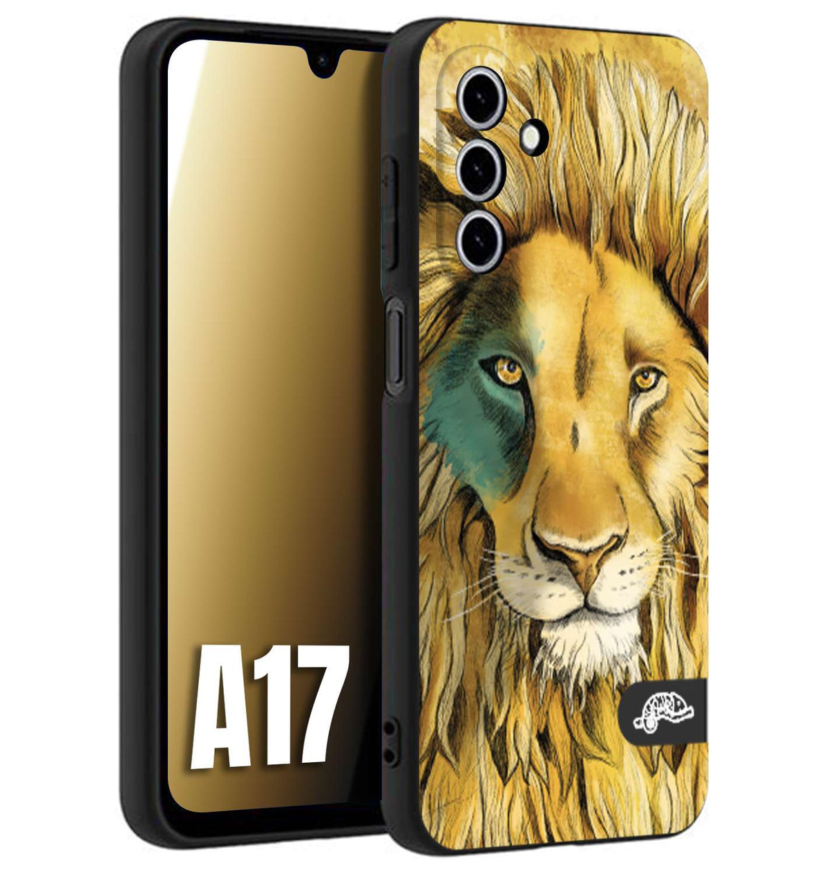 CUSTOMIZZA - Custodia cover nera morbida in tpu compatibile per Samsung A17 leone lion disegnato a mano giallo blu a rilievo artistico brown