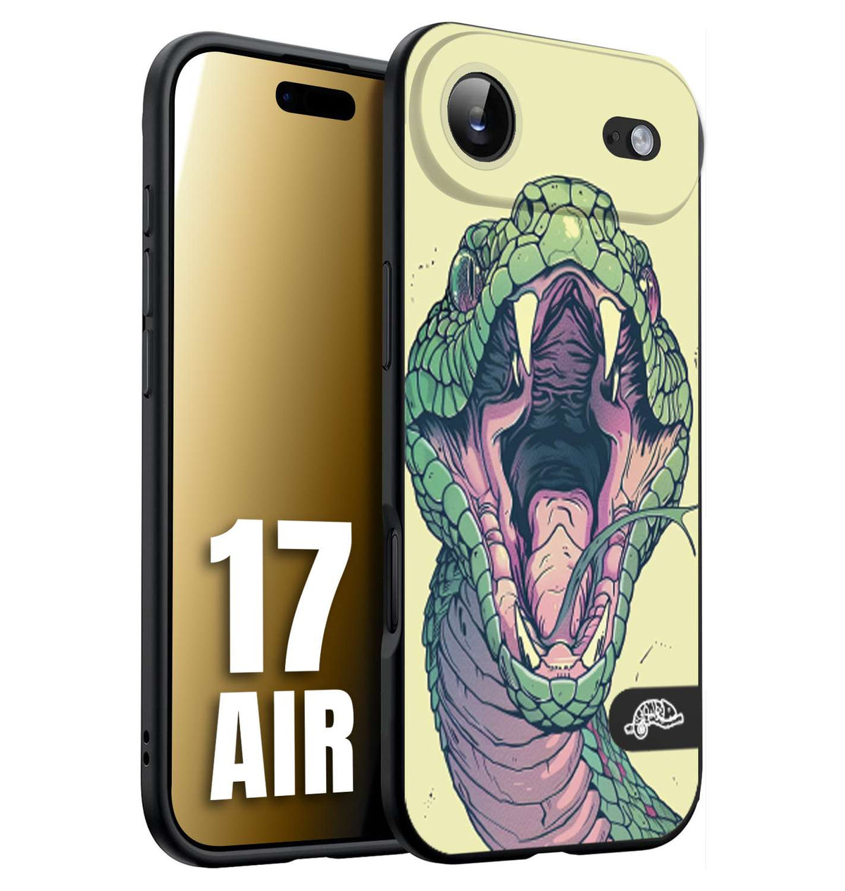 CUSTOMIZZA - Custodia cover nera morbida in tpu compatibile per iPhone 17 AIR snake yellow green serpente tatuaggio tattoo disegnato a mano