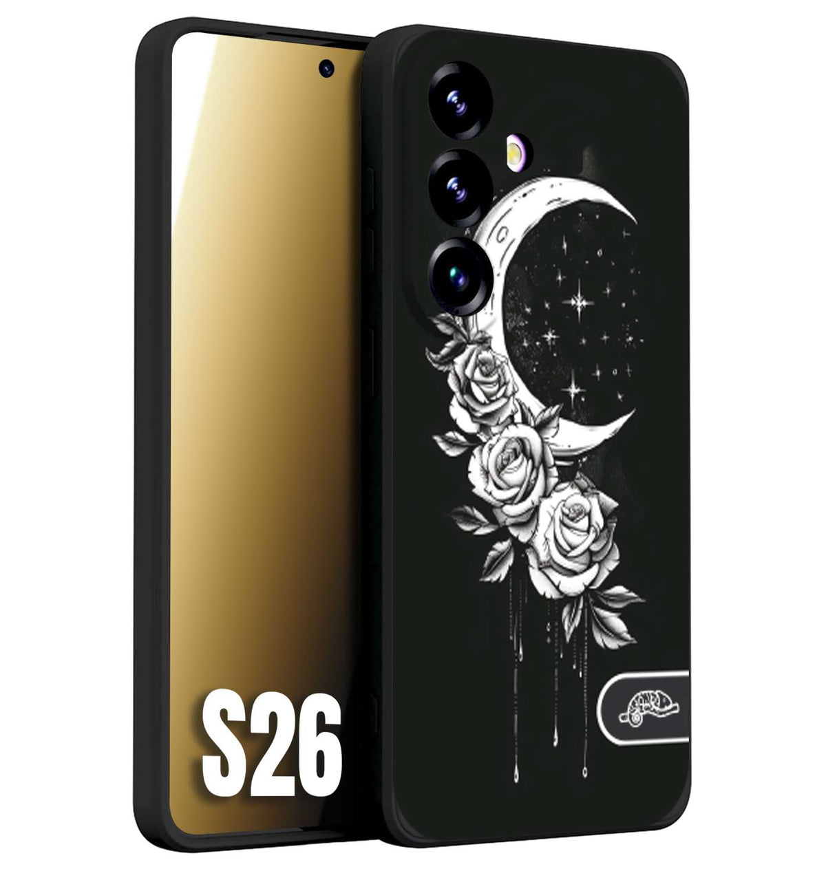 CUSTOMIZZA - Custodia cover nera morbida in tpu compatibile per Samsung S26 luna e fiori moon flowers black and white bianco a rilievo disegnato