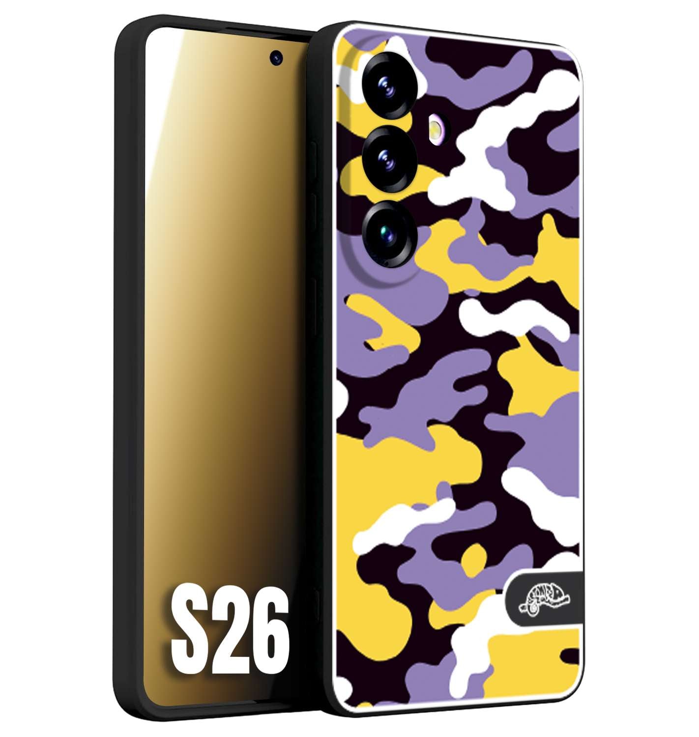 CUSTOMIZZA - Custodia cover nera morbida in tpu compatibile per Samsung S26 camouflage mimetico militare viola lilla giallo