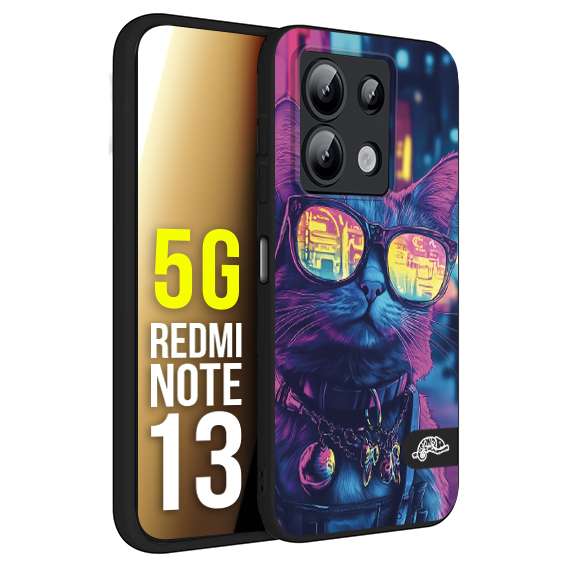CUSTOMIZZA - Custodia cover nera morbida in tpu compatibile per Xiaomi Redmi Note 13 5G animali cyberpunk gatto street cat fucsia blu giallo