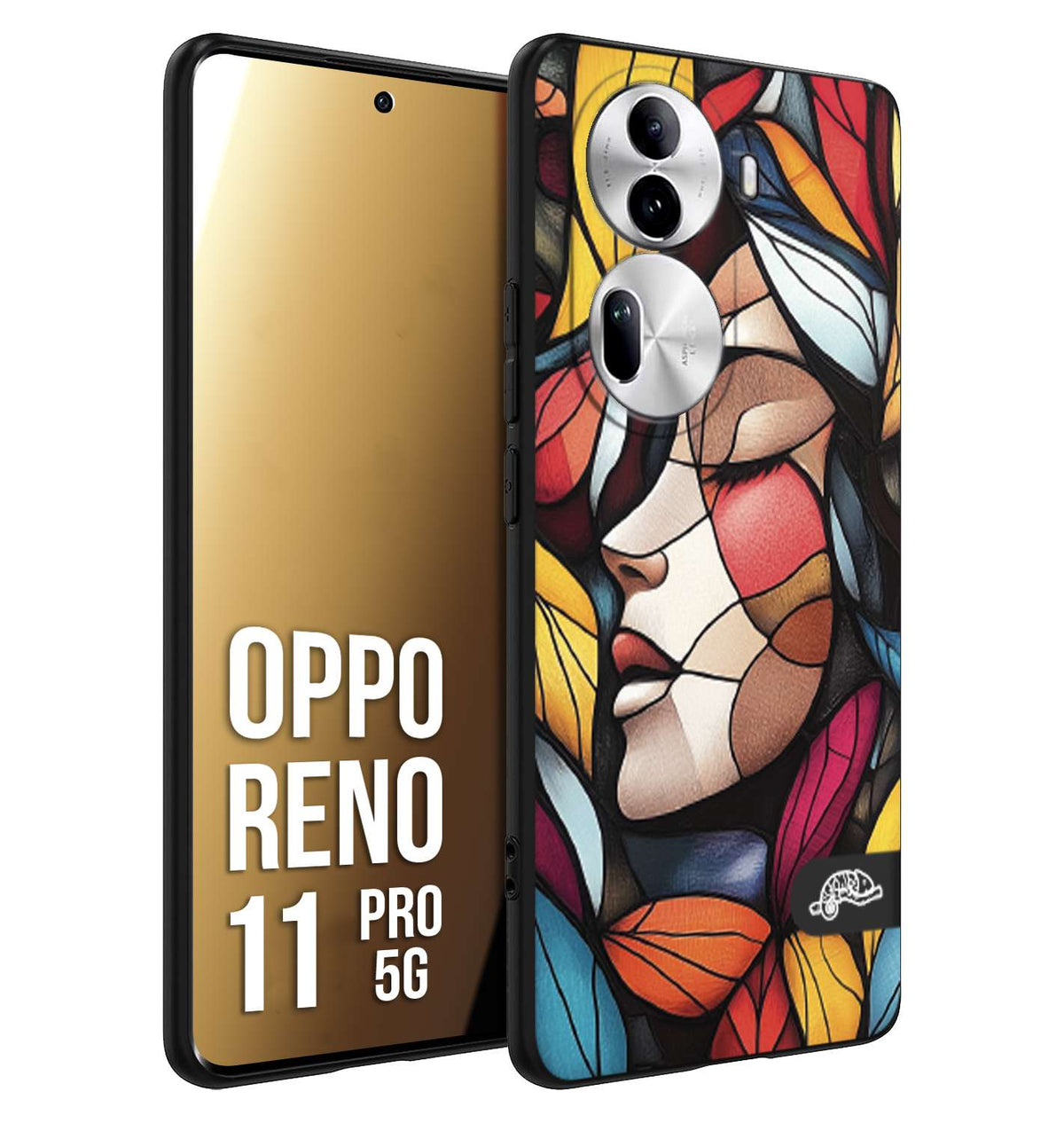 CUSTOMIZZA - Custodia cover nera morbida in tpu compatibile per Oppo Reno 11 PRO 5G Vetrata artistica volto di donna profilo fogliare mosaico di vetro colorato