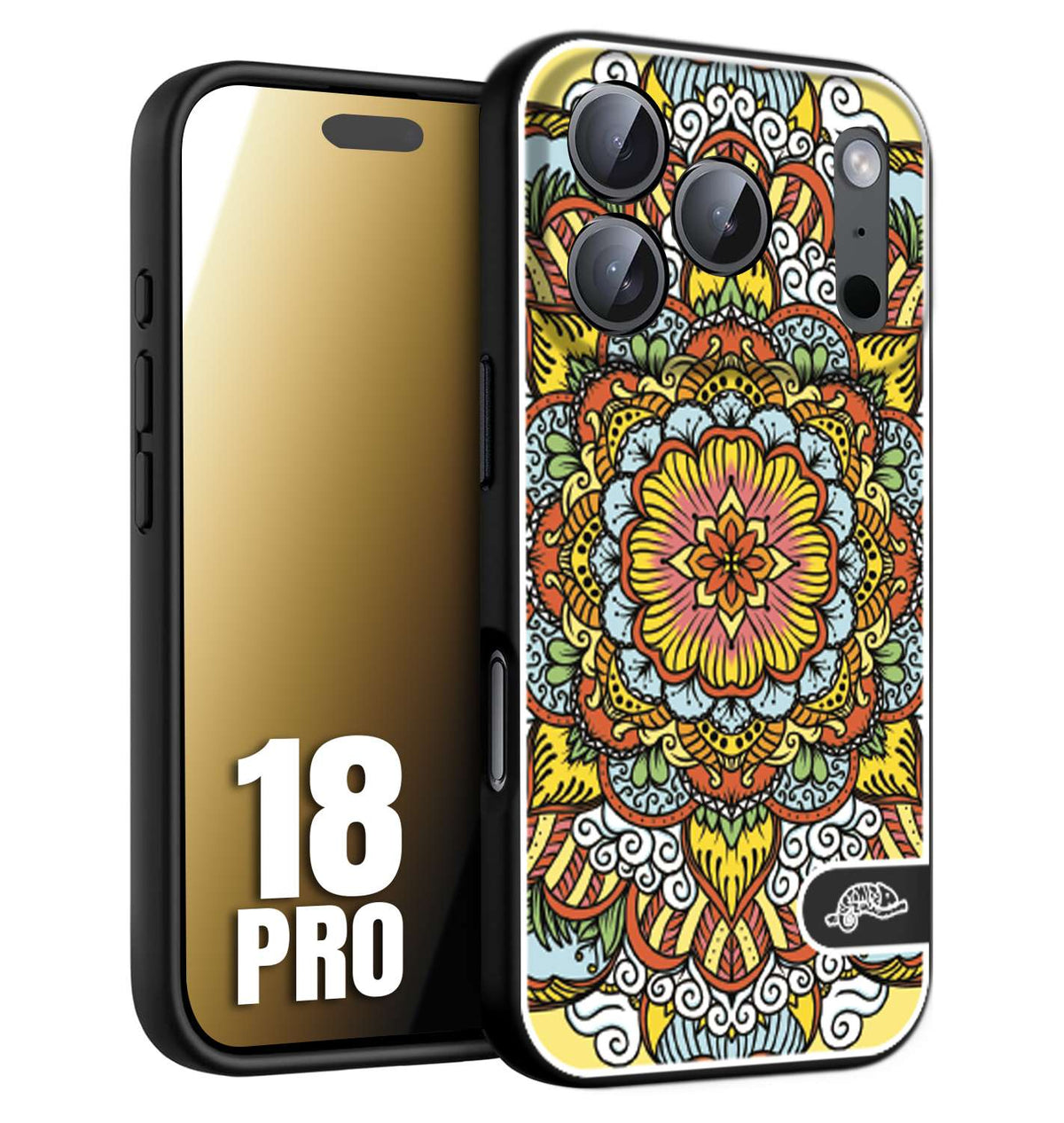 CUSTOMIZZA - Custodia cover nera morbida in tpu compatibile per iPhone 18 PRO mandala colorato fiore nuvole arancione