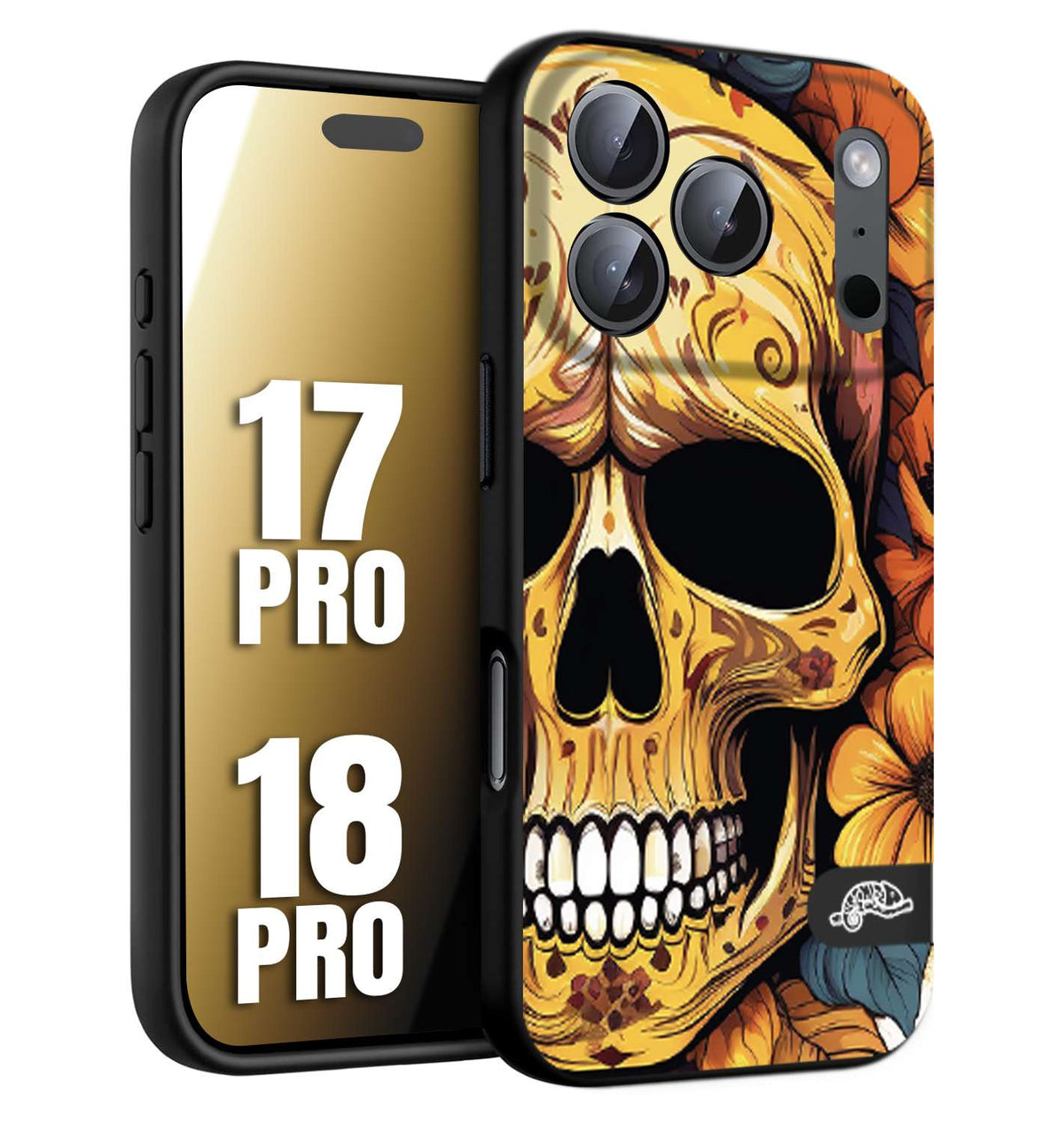 CUSTOMIZZA - Custodia cover nera morbida in tpu compatibile per iPhone 17 PRO - 18 PRO teschio messicano colorato dorato fiori autunnali disegnato