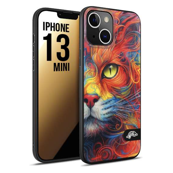 CUSTOMIZZA - Custodia cover nera morbida in tpu compatibile per iPhone 13 MINI animali color cat gatto viso colori vibranti disegnato schizzo