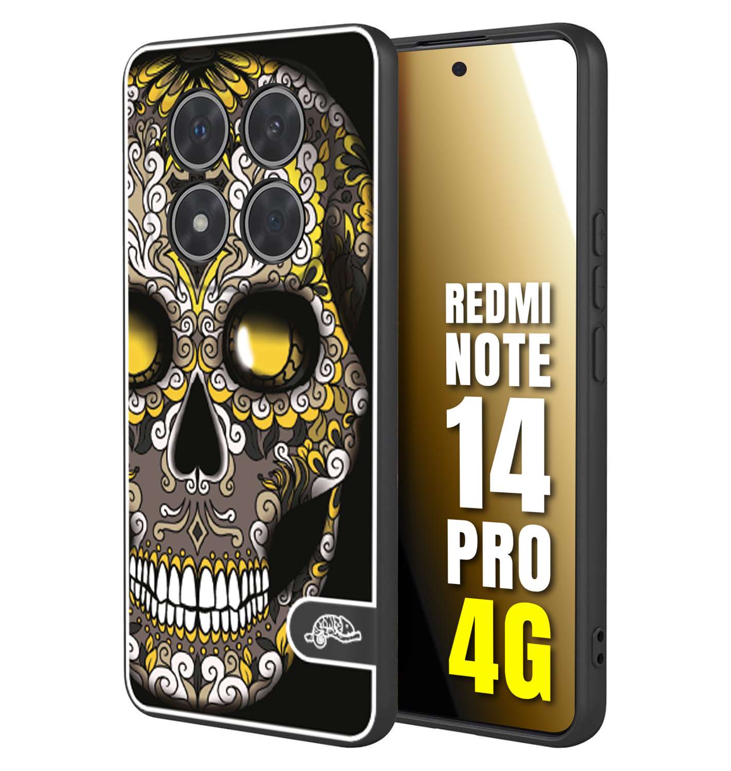 CUSTOMIZZA - Custodia cover nera morbida in tpu compatibile per Xiaomi Redmi Note 14 PRO 4G teschio messicano Mexican skull nero giallo
