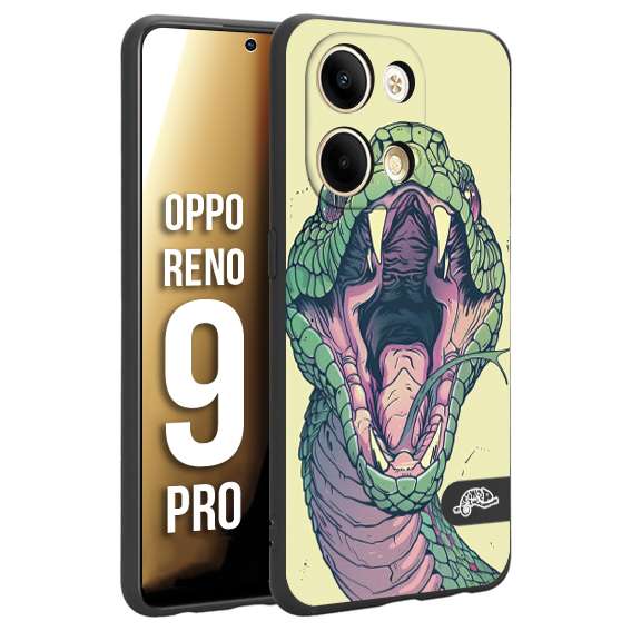 CUSTOMIZZA - Custodia cover nera morbida in tpu compatibile per Oppo Reno 9 PRO snake yellow green serpente tatuaggio tattoo disegnato a mano