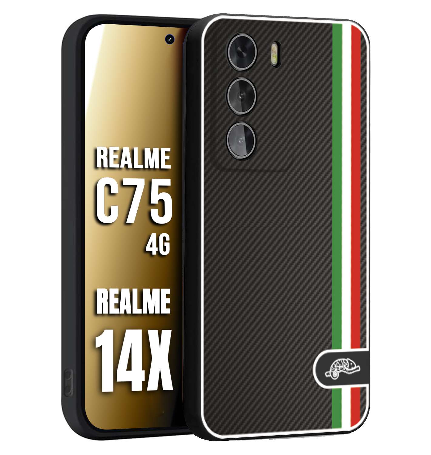 CUSTOMIZZA - Custodia cover nera morbida in tpu compatibile per Realme 14X - C75 4G effetto fibra di carbonio bandiera Italia made in Italy