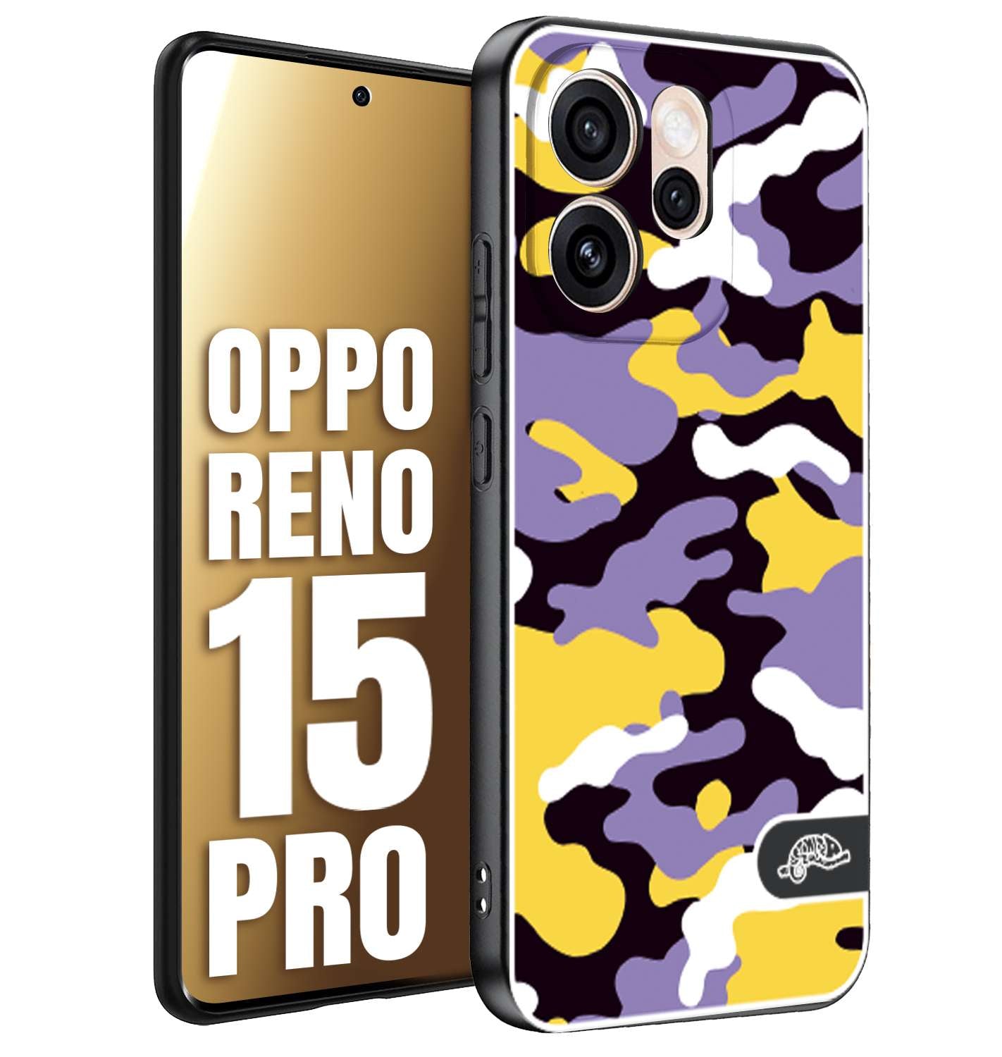 CUSTOMIZZA - Custodia cover nera morbida in tpu compatibile per Oppo Reno 15 PRO camouflage mimetico militare viola lilla giallo