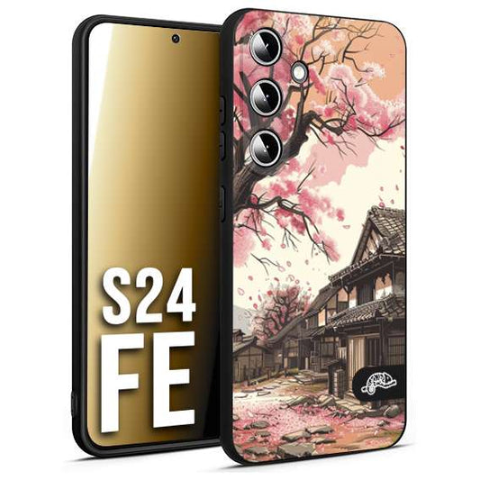 CUSTOMIZZA - Custodia cover nera morbida in tpu compatibile per Samsung S24 FE casa giapponese rosa ciliegio in fiore disegnata tattoo