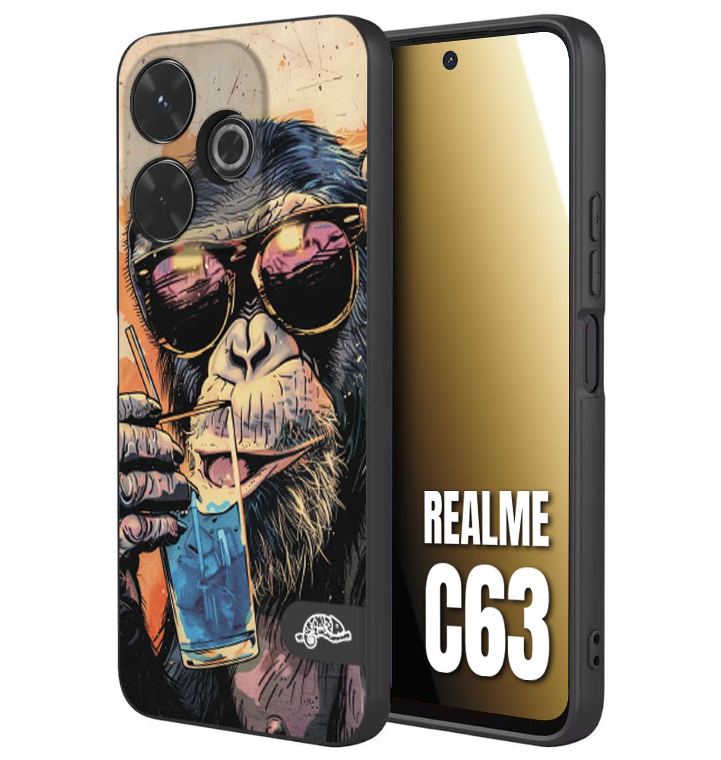 CUSTOMIZZA - Custodia cover nera morbida in tpu compatibile per Realme C63 estate disegnata cocktails animali simpatici scimmia monkey negroni
