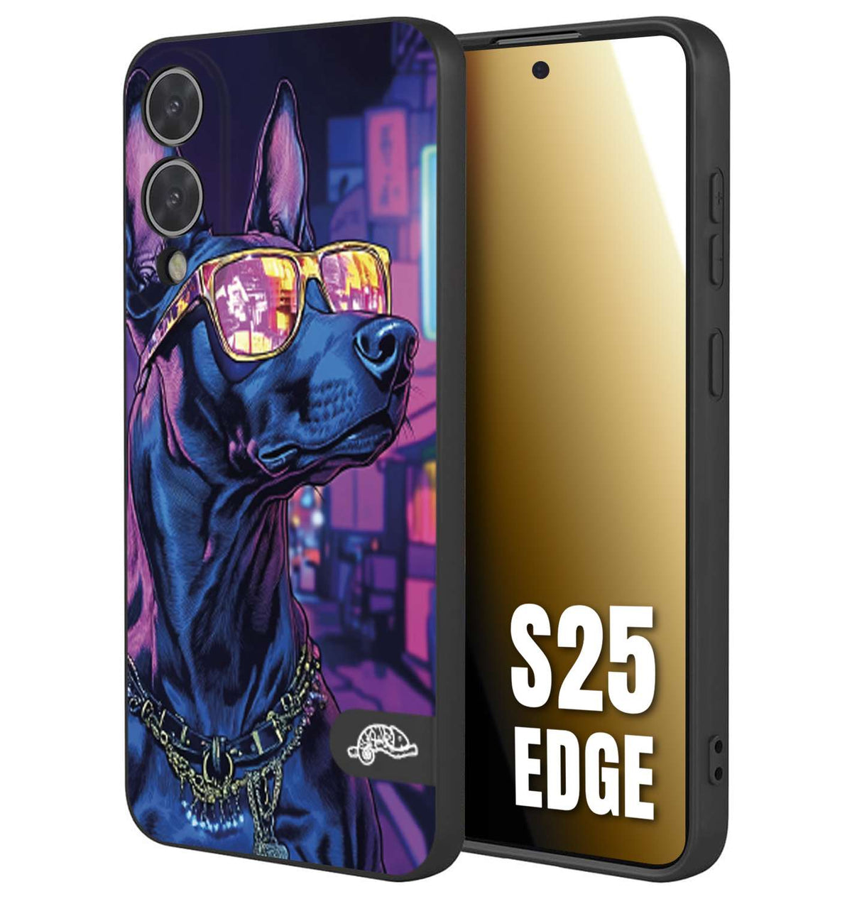 CUSTOMIZZA - Custodia cover nera morbida in tpu compatibile per Samsung S25 EDGE animali cyberpunk dobermann cane street dog fucsia blu night