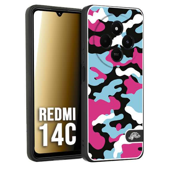 CUSTOMIZZA - Custodia cover nera morbida in tpu compatibile per Xiaomi Redmi 14C camouflage mimetico militare fucsia celeste