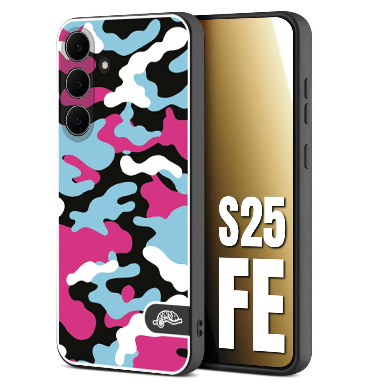 CUSTOMIZZA - Custodia cover nera morbida in tpu compatibile per Samsung S25 FE camouflage mimetico militare fucsia celeste
