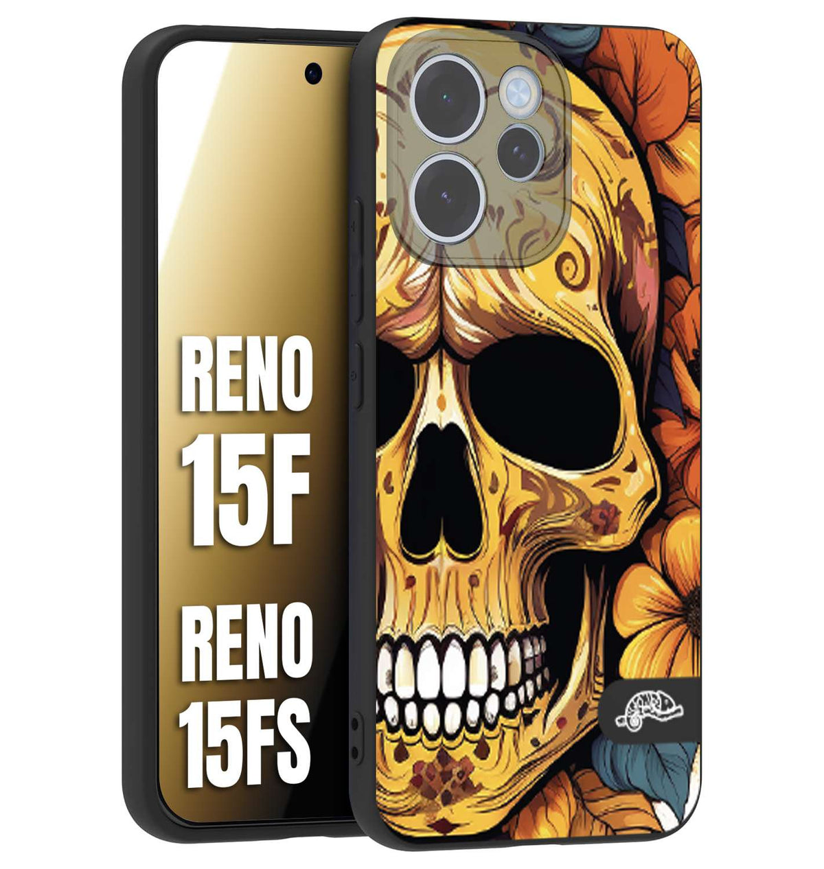 CUSTOMIZZA - Custodia cover nera morbida in tpu compatibile per Oppo Reno 15 F - Reno 15 FS teschio messicano colorato dorato fiori autunnali disegnato