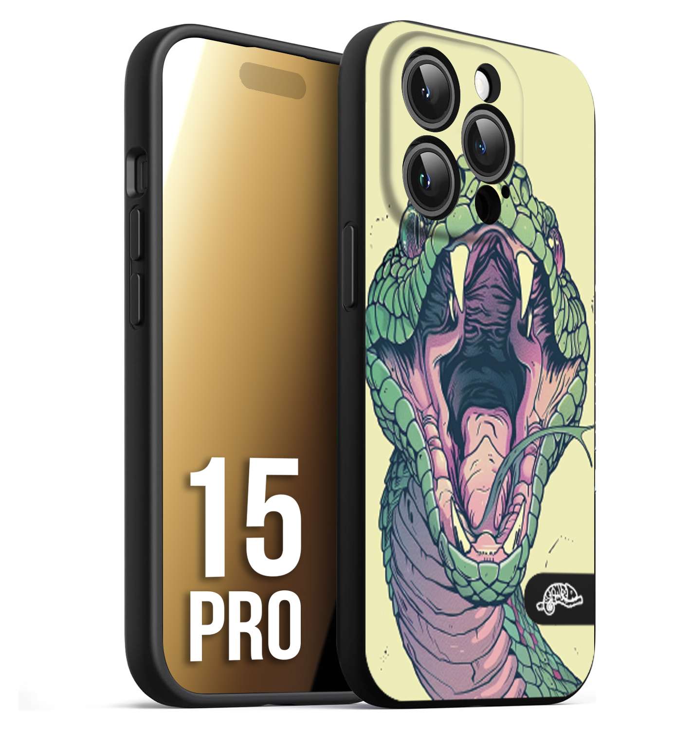 CUSTOMIZZA - Custodia cover nera morbida in tpu compatibile per iPhone 15 PRO snake yellow green serpente tatuaggio tattoo disegnato a mano