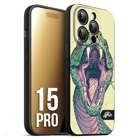 CUSTOMIZZA - Custodia cover nera morbida in tpu compatibile per iPhone 15 PRO snake yellow green serpente tatuaggio tattoo disegnato a mano