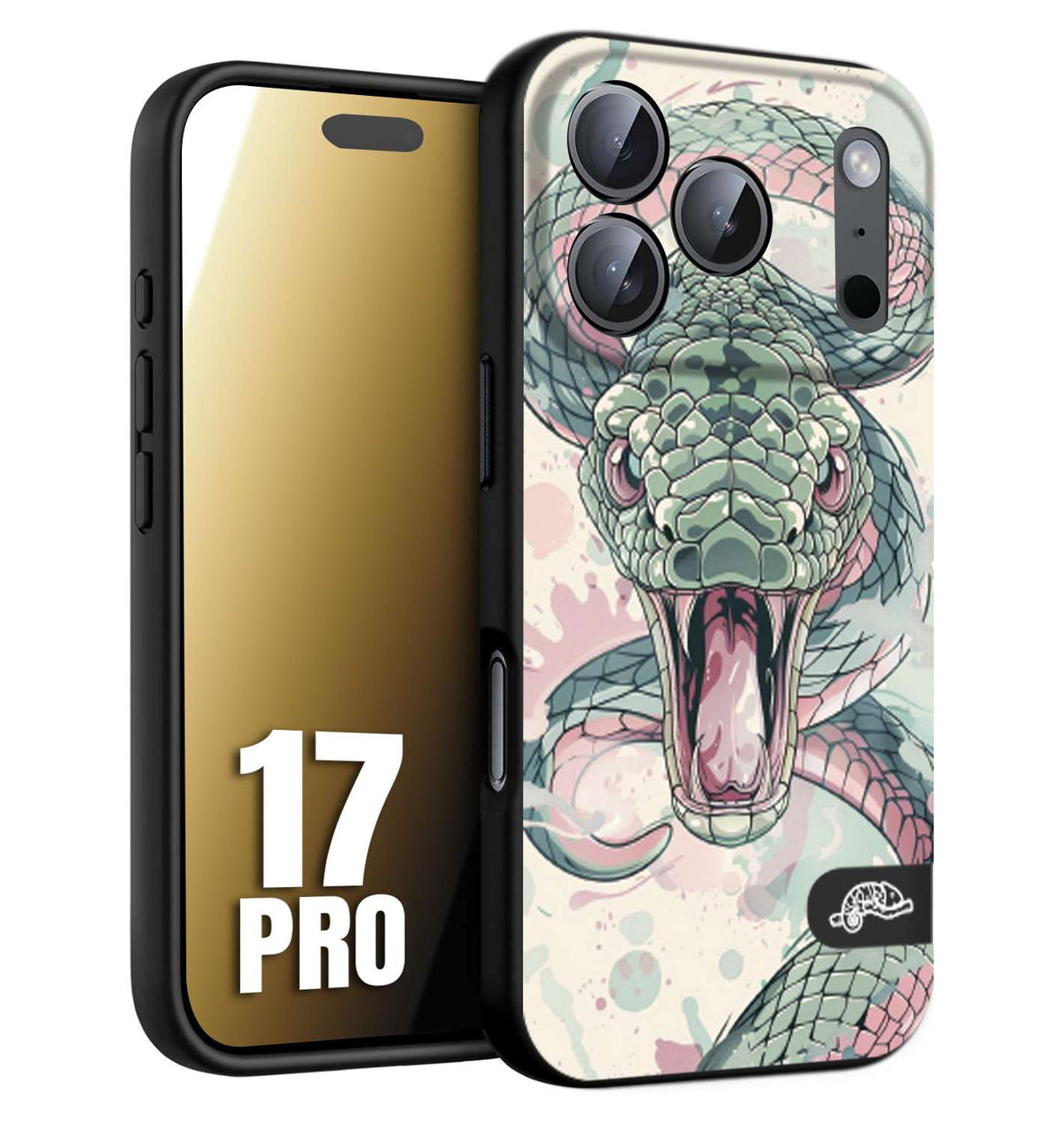 CUSTOMIZZA - Custodia cover nera morbida in tpu compatibile per iPhone 17 PRO snake pink green serpente tatuaggio tattoo disegnato a mano