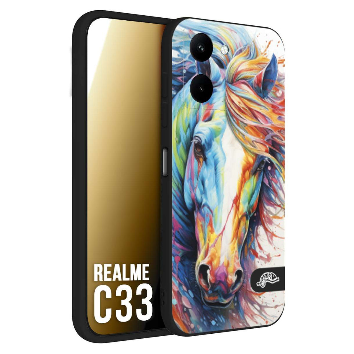 CUSTOMIZZA - Custodia cover nera morbida in tpu compatibile per Realme C33 animali color cavallo horse viso colori vibranti disegnato schizzo