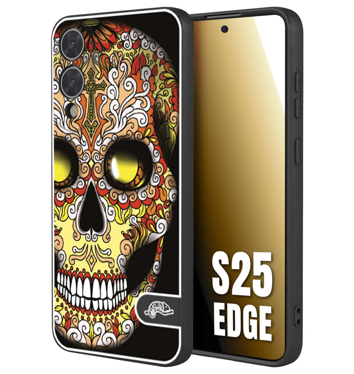 CUSTOMIZZA - Custodia cover nera morbida in tpu compatibile per Samsung S25 EDGE teschio messicano Mexican skull giallo rosso arancio